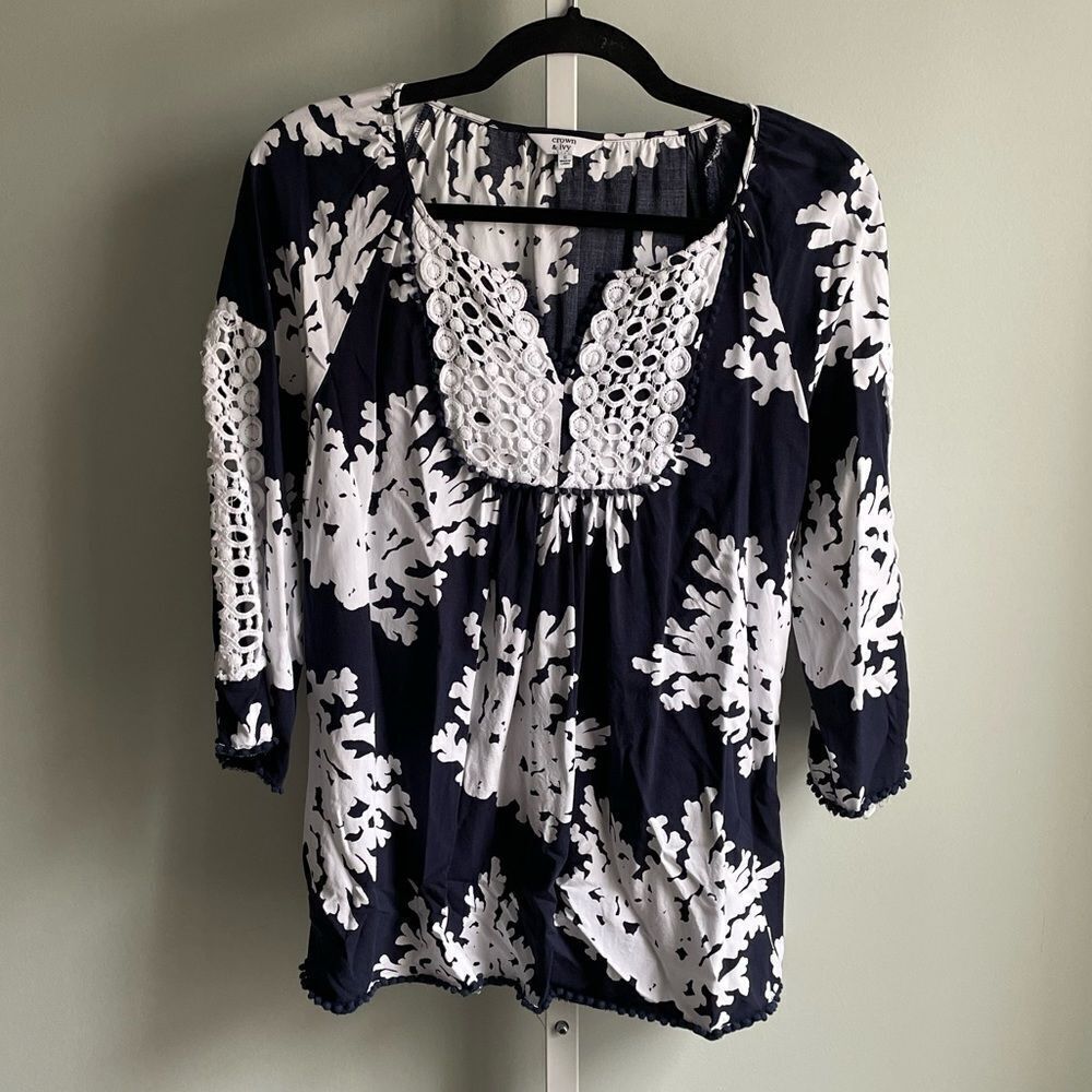 Crown & Ivy Navy and White Blouse with Embroidered Detail
